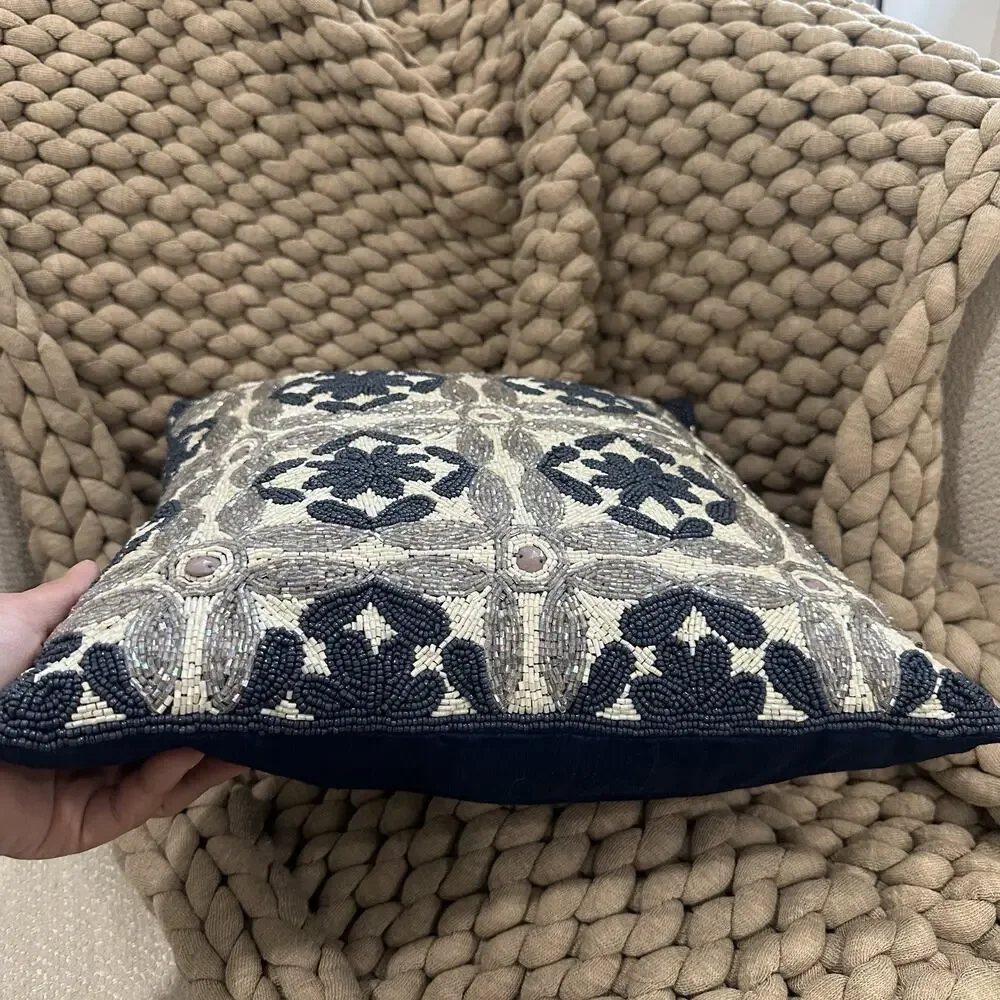 Pier 1 Imports Throw Pillow 13” Square Blue White Silver Beaded Geometric